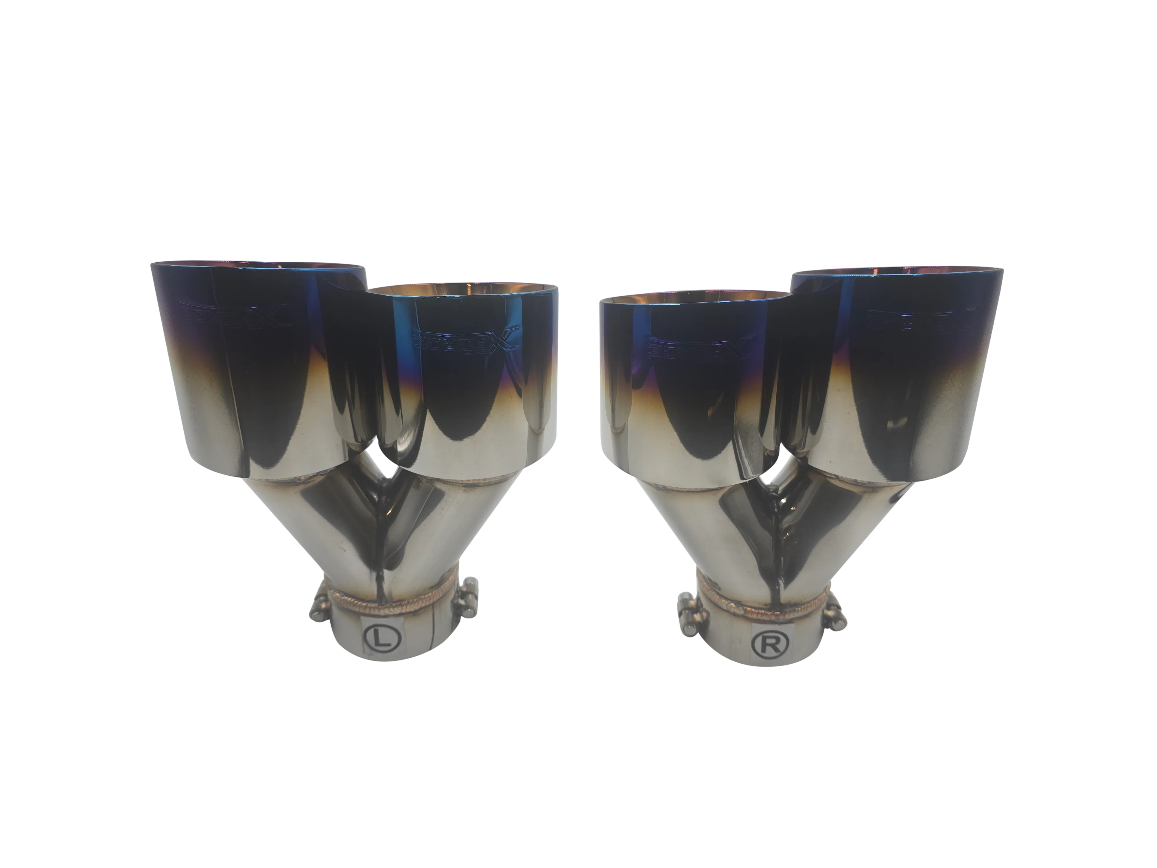 Twin 4Inch Round Burnt Blue Angle Cut Tip with 2.5Inch Inlet - Image 2